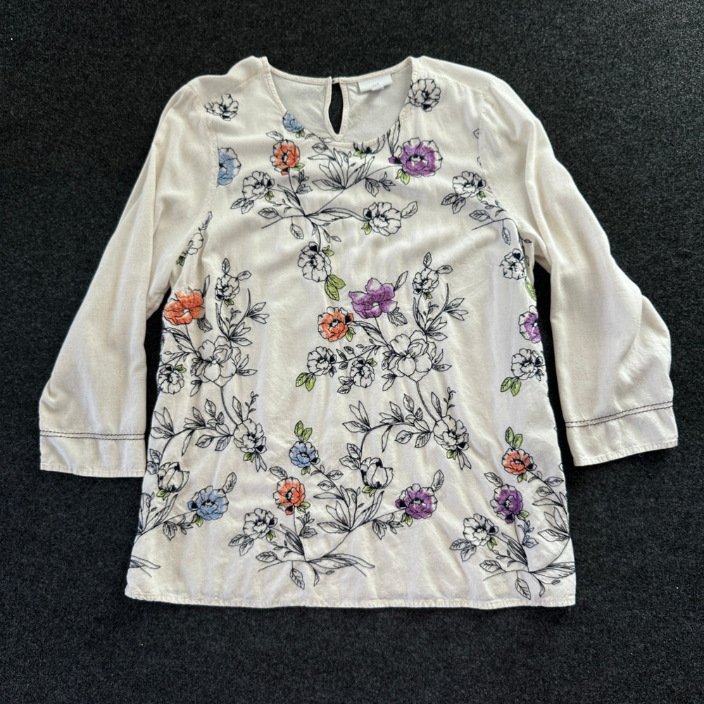J. Jill Floral Embroidered Linen Blend Blouse Cream Purple Orange‎ L Tall